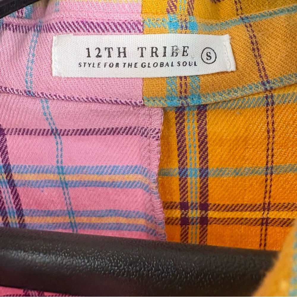 12th Tribe Colorblock Plaid Cropped Button Up Flannel Raw Hem Small - Picture 7 of 7